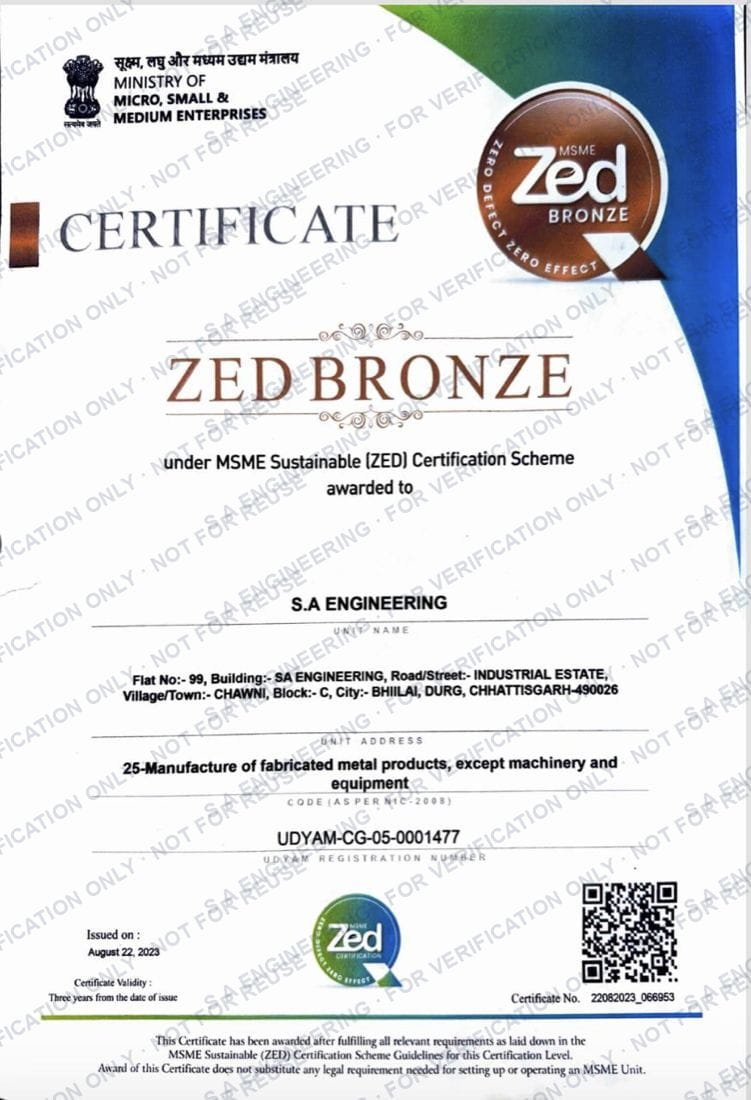MSME ZED Bronze certificate for S A Engineering